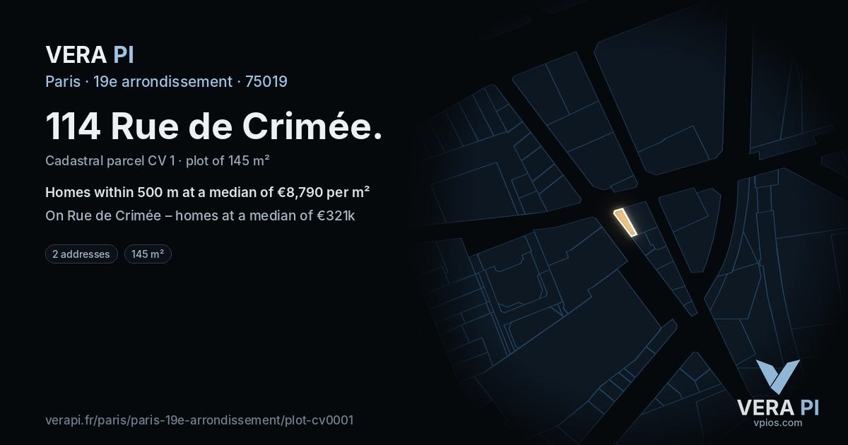 114 Rue de Crimée, 19e arrondissement at night – the plot lit, the parcels around coloured by the prices near them