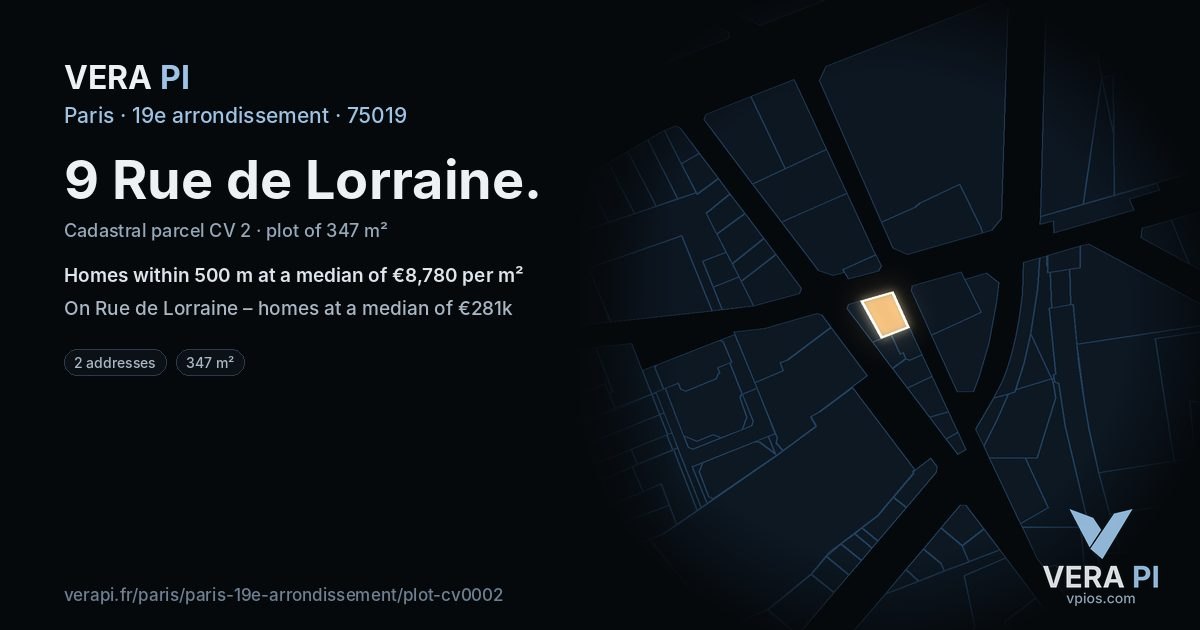 9 Rue de Lorraine, 19e arrondissement at night – the plot lit, the parcels around coloured by the prices near them