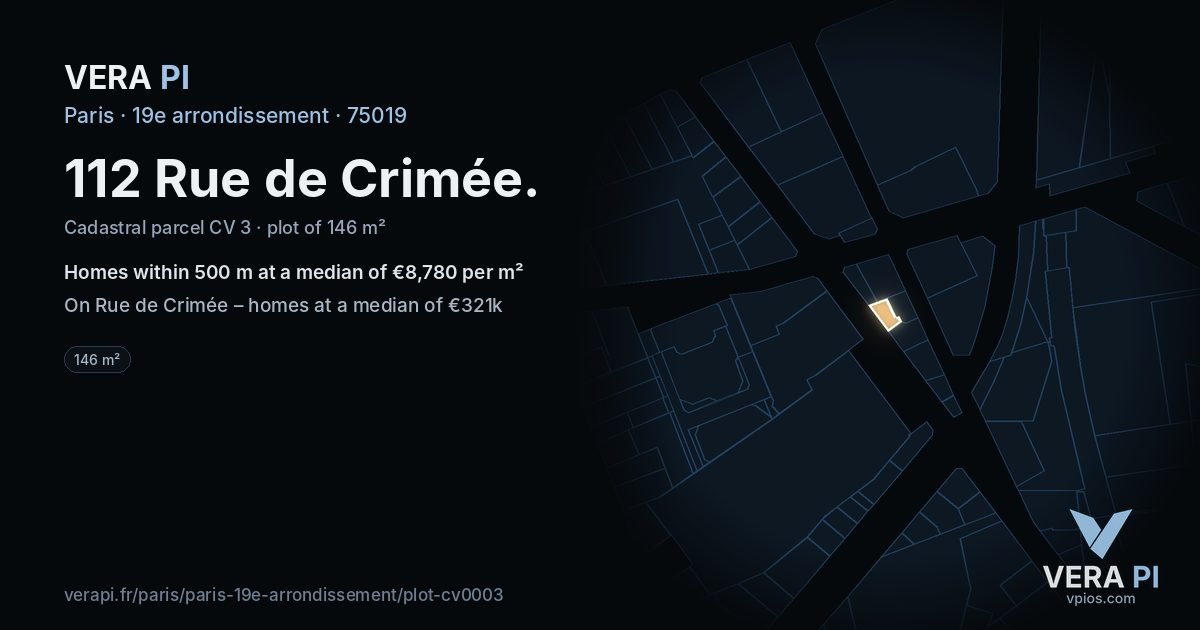 112 Rue de Crimée, 19e arrondissement at night – the plot lit, the parcels around coloured by the prices near them