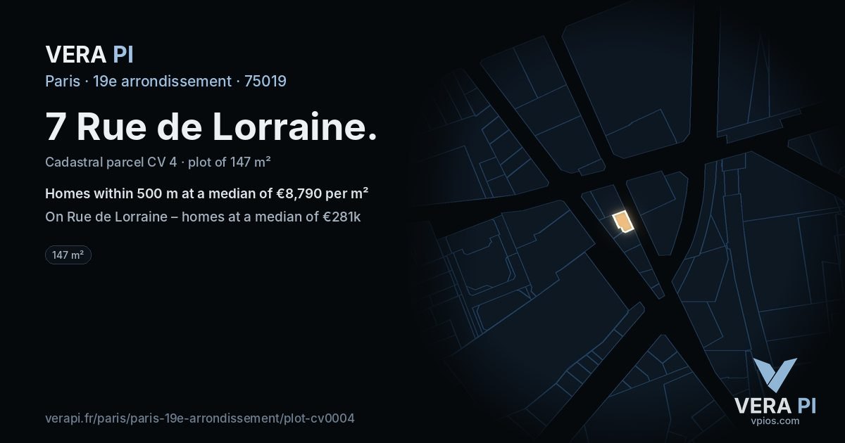 7 Rue de Lorraine, 19e arrondissement at night – the plot lit, the parcels around coloured by the prices near them