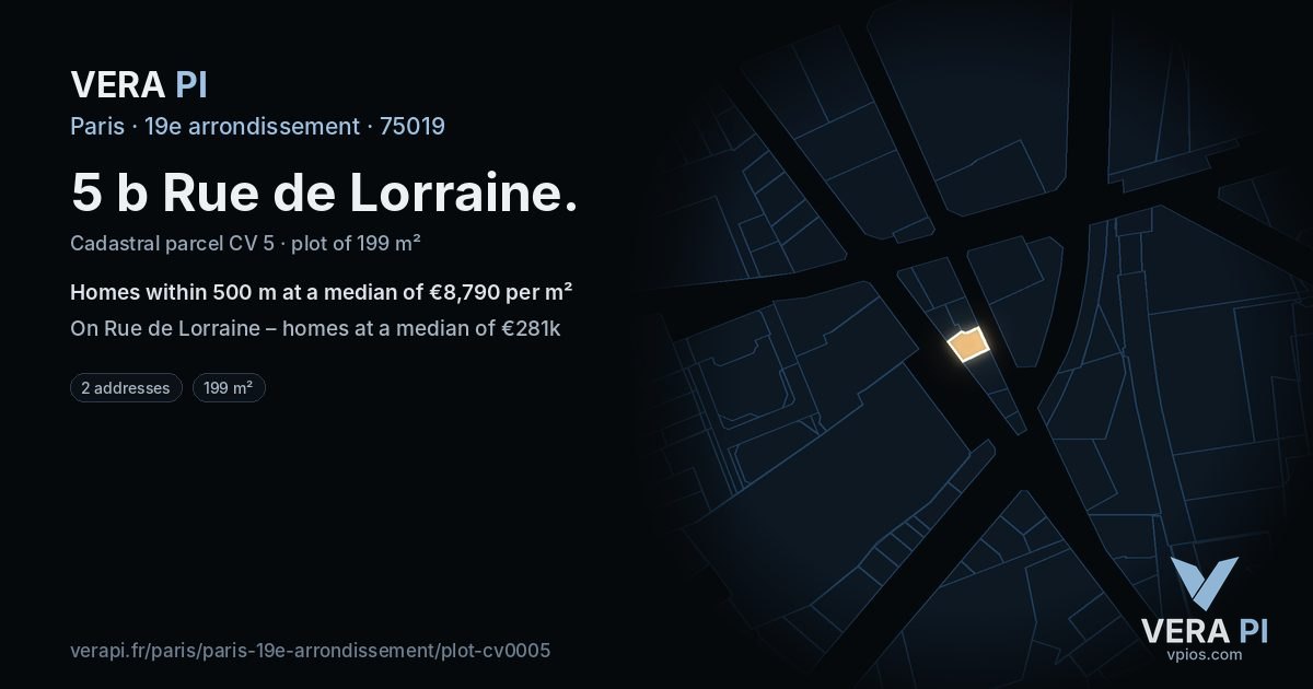 5 b Rue de Lorraine, 19e arrondissement at night – the plot lit, the parcels around coloured by the prices near them