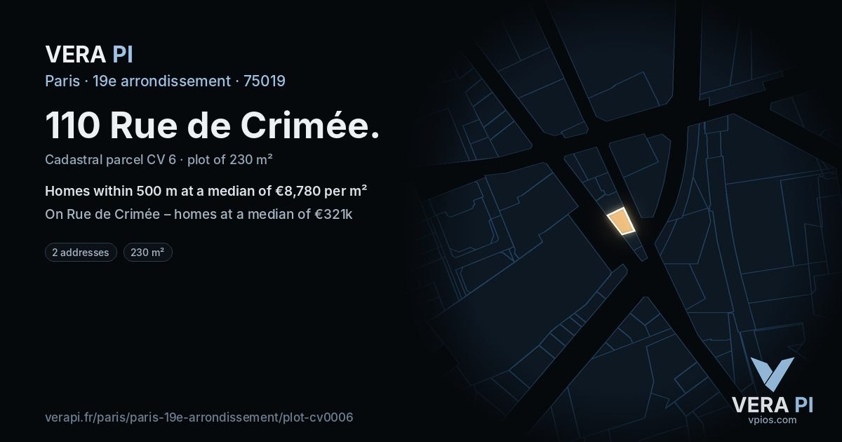 110 Rue de Crimée, 19e arrondissement at night – the plot lit, the parcels around coloured by the prices near them