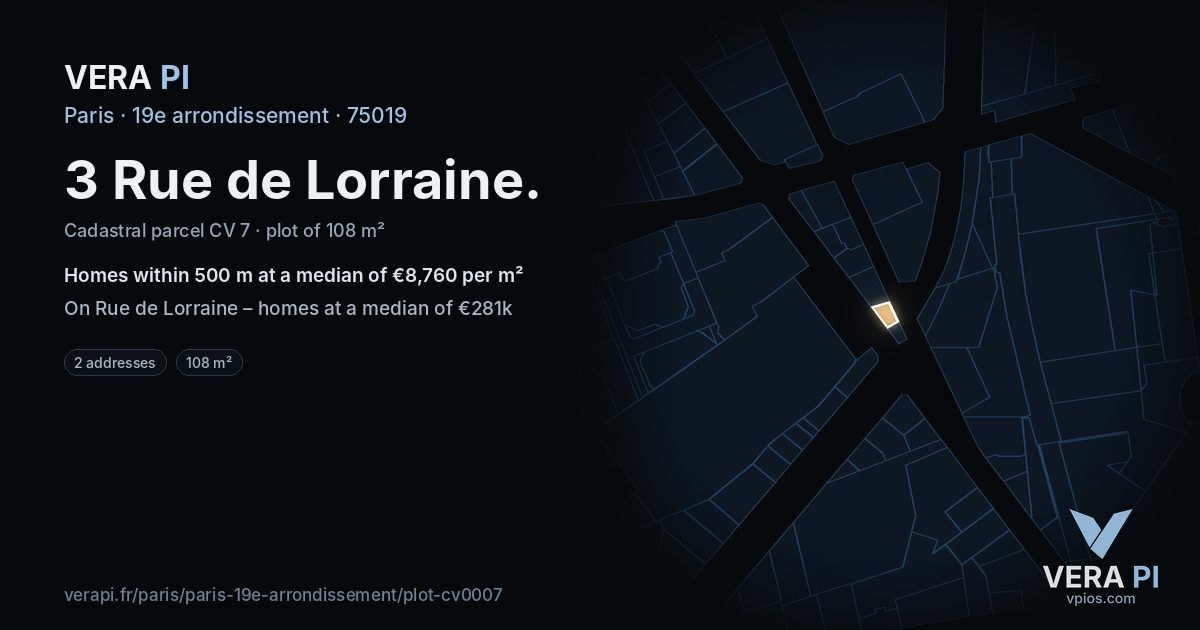 3 Rue de Lorraine, 19e arrondissement at night – the plot lit, the parcels around coloured by the prices near them