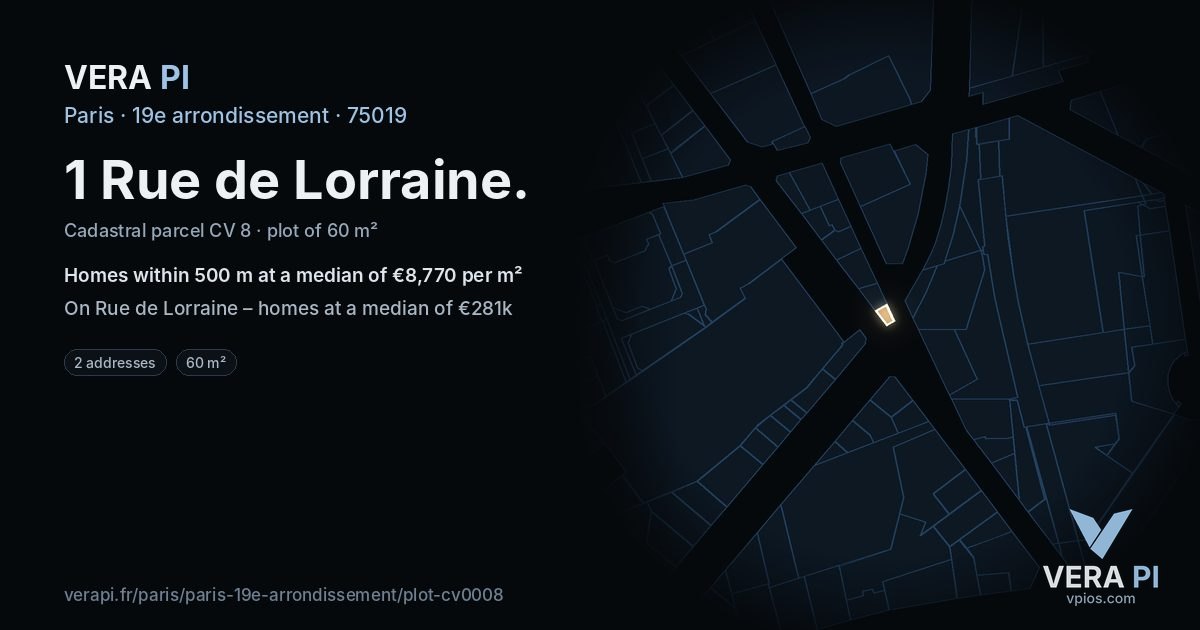 1 Rue de Lorraine, 19e arrondissement at night – the plot lit, the parcels around coloured by the prices near them