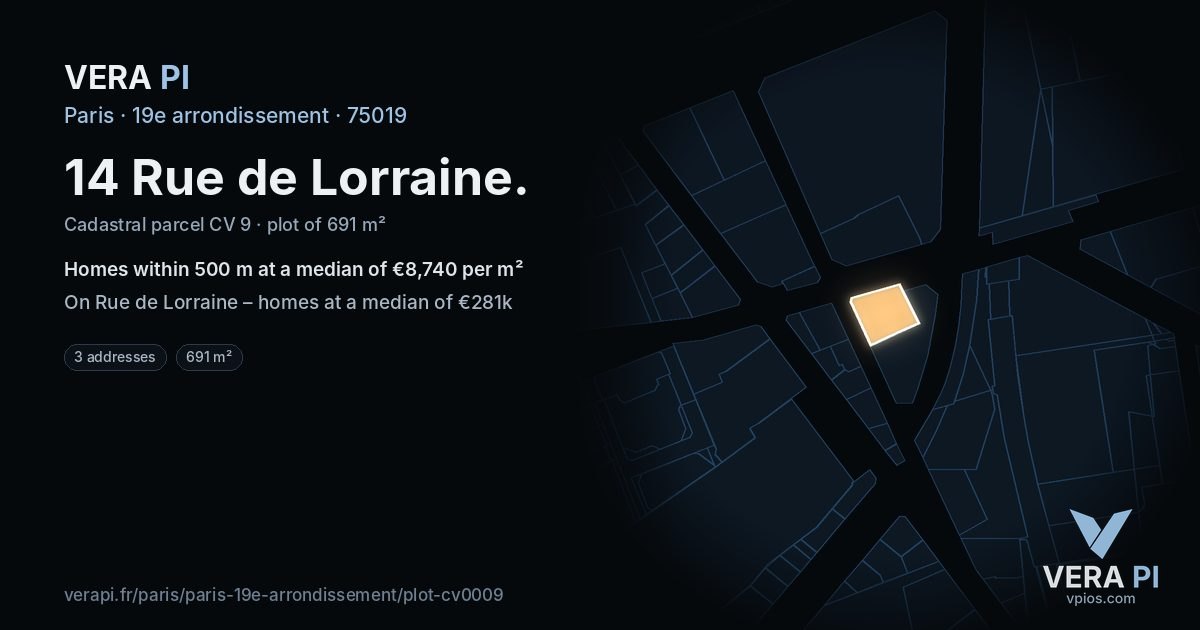 14 Rue de Lorraine, 19e arrondissement at night – the plot lit, the parcels around coloured by the prices near them