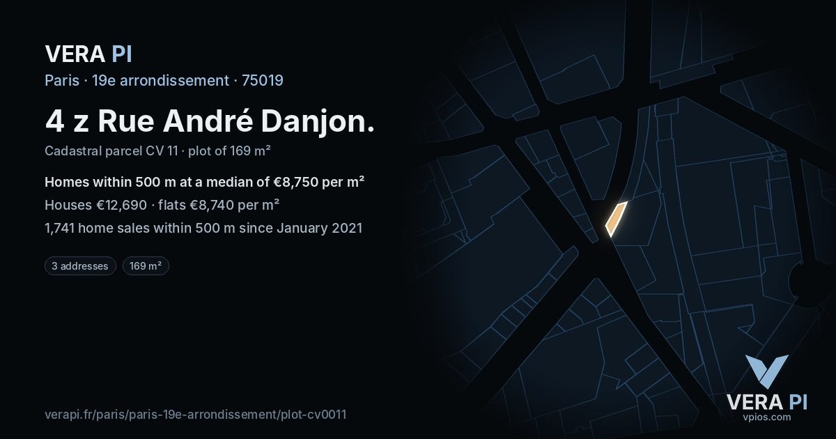 4 z Rue André Danjon, 19e arrondissement at night – the plot lit, the parcels around coloured by the prices near them