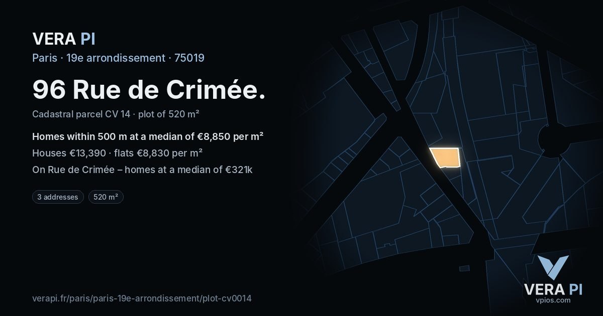 96 Rue de Crimée, 19e arrondissement at night – the plot lit, the parcels around coloured by the prices near them