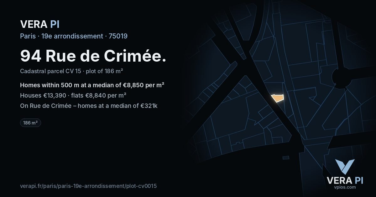 94 Rue de Crimée, 19e arrondissement at night – the plot lit, the parcels around coloured by the prices near them