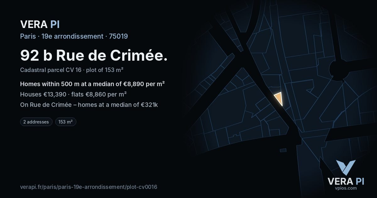 92 b Rue de Crimée, 19e arrondissement at night – the plot lit, the parcels around coloured by the prices near them