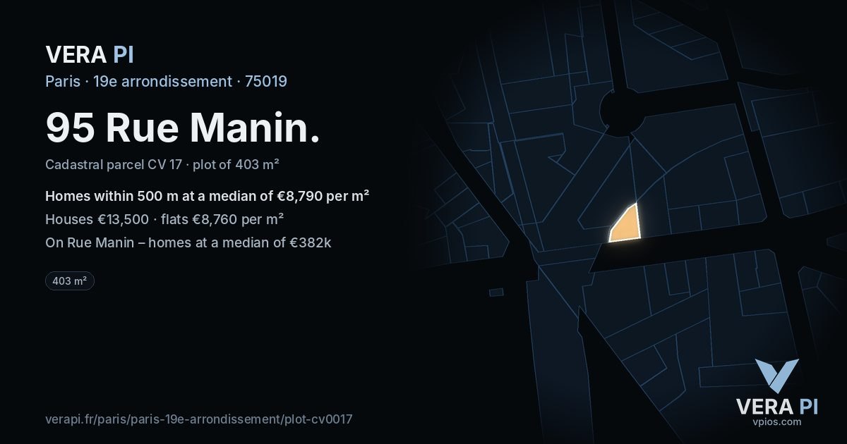 95 Rue Manin, 19e arrondissement at night – the plot lit, the parcels around coloured by the prices near them
