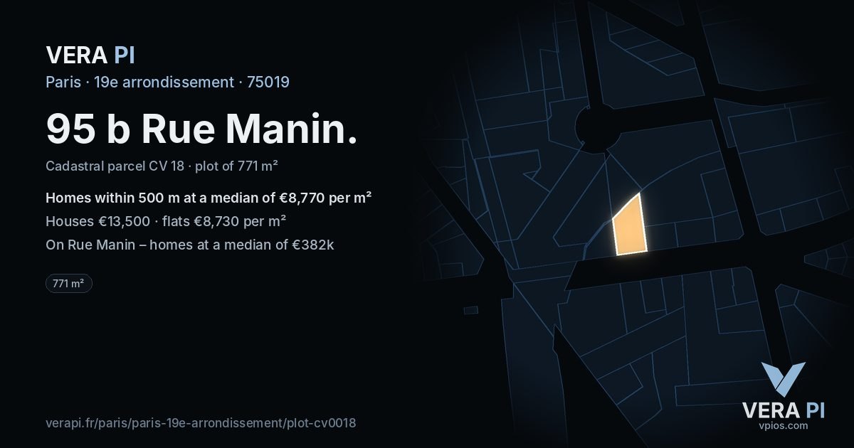 95 b Rue Manin, 19e arrondissement at night – the plot lit, the parcels around coloured by the prices near them