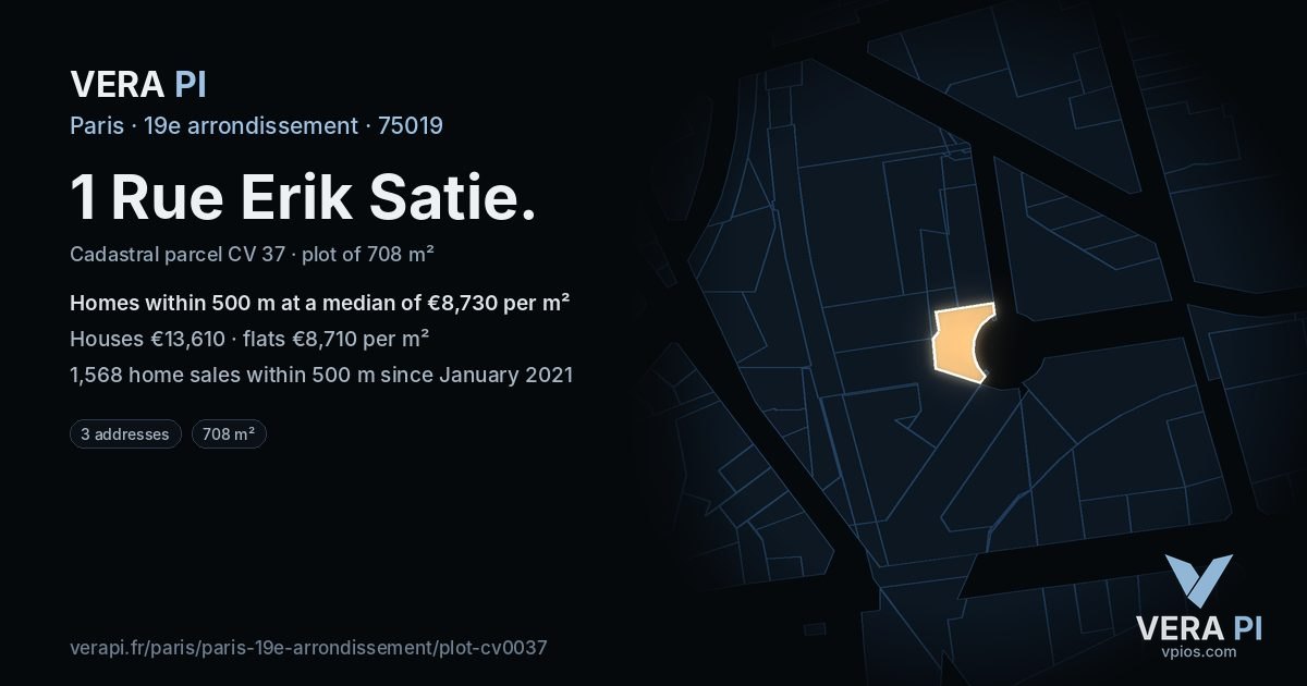 1 Rue Erik Satie, 19e arrondissement at night – the plot lit, the parcels around coloured by the prices near them