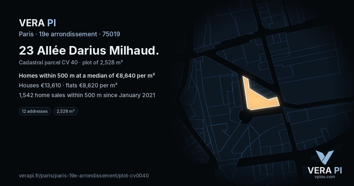 23 Allée Darius Milhaud, 19e arrondissement at night – the plot lit, the parcels around coloured by the prices near them