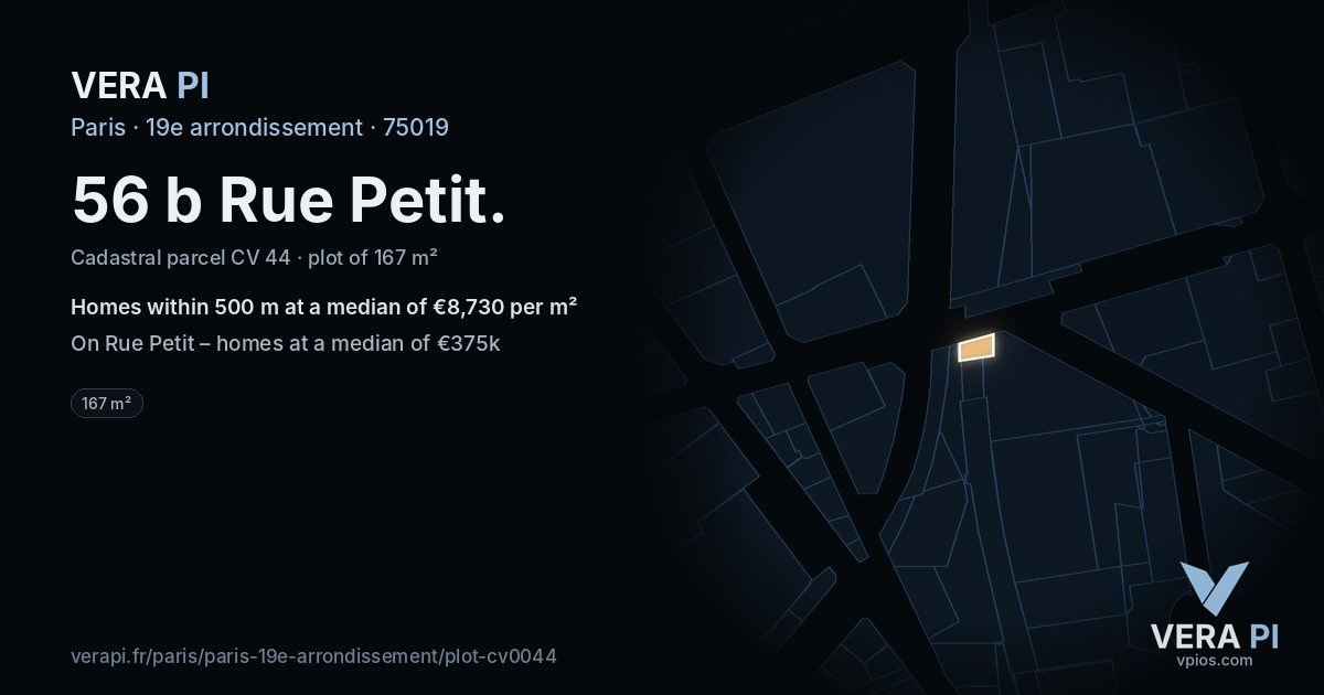 56 b Rue Petit, 19e arrondissement at night – the plot lit, the parcels around coloured by the prices near them