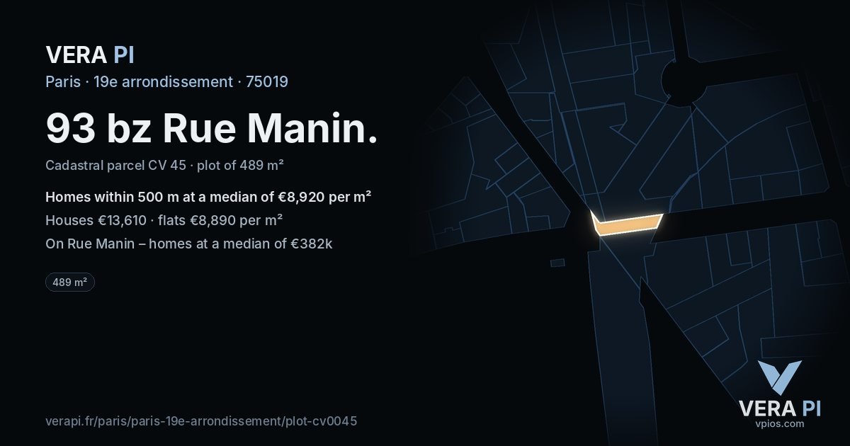 93 bz Rue Manin, 19e arrondissement at night – the plot lit, the parcels around coloured by the prices near them