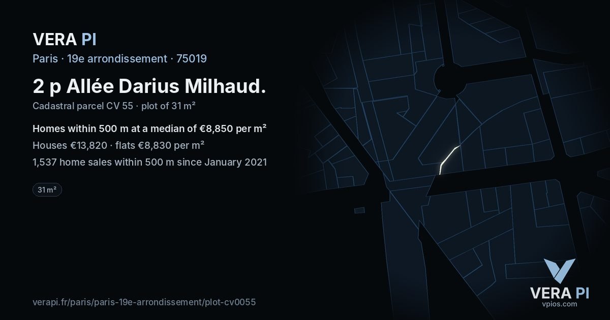 2 p Allée Darius Milhaud, 19e arrondissement at night – the plot lit, the parcels around coloured by the prices near them