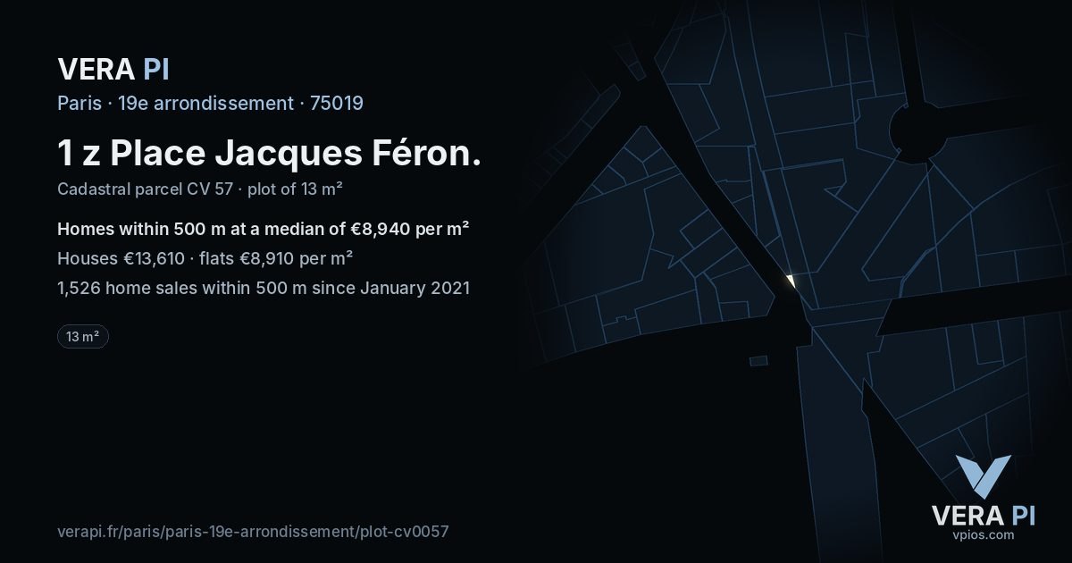 1 z Place Jacques Féron, 19e arrondissement at night – the plot lit, the parcels around coloured by the prices near them