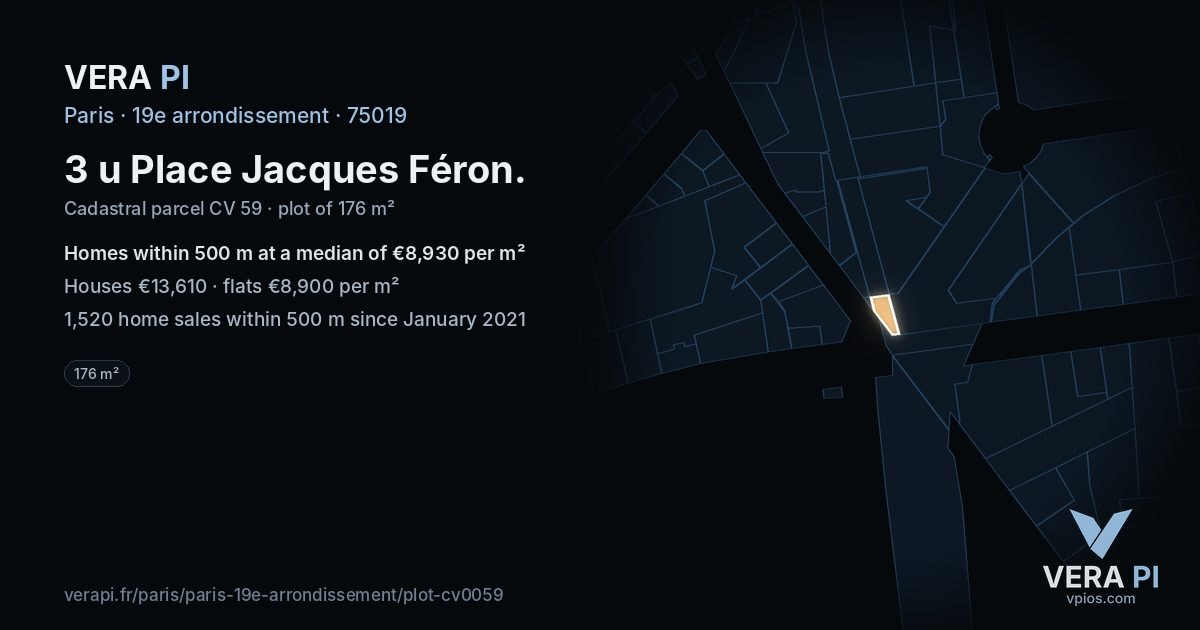 3 u Place Jacques Féron, 19e arrondissement at night – the plot lit, the parcels around coloured by the prices near them