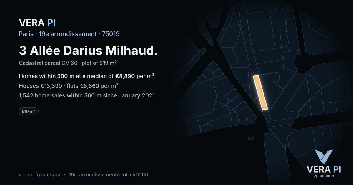 3 Allée Darius Milhaud, 19e arrondissement at night – the plot lit, the parcels around coloured by the prices near them