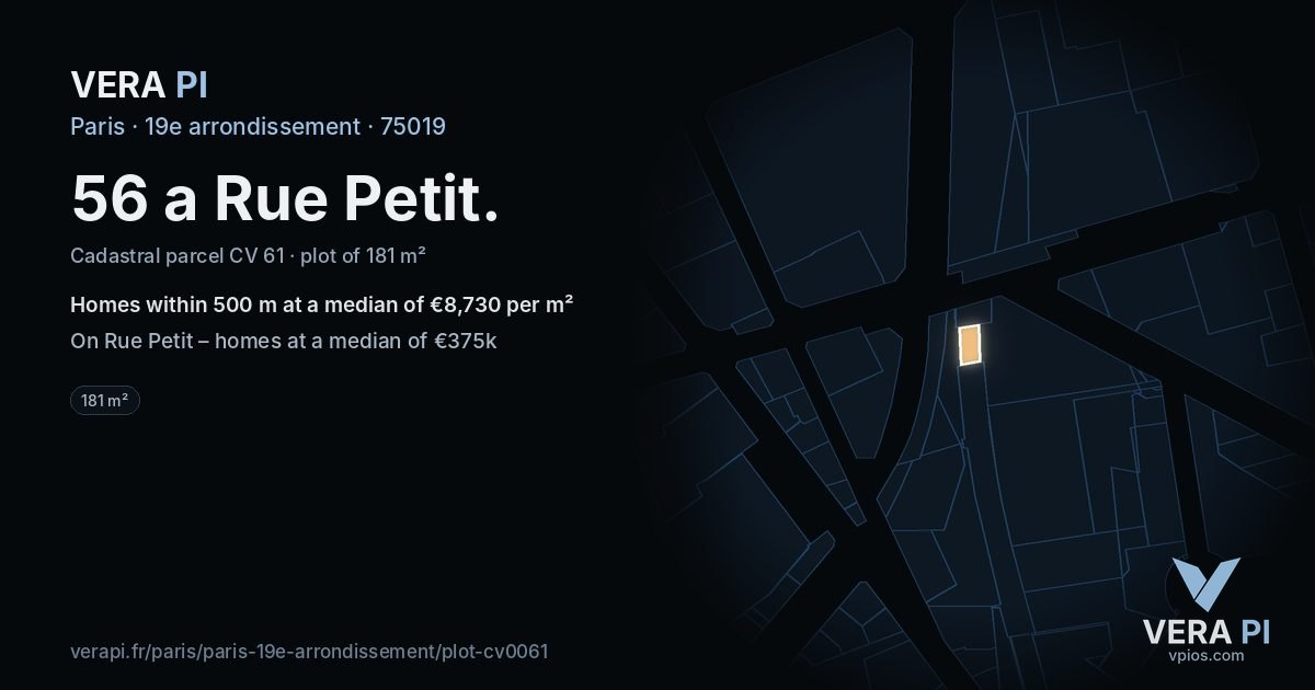 56 a Rue Petit, 19e arrondissement at night – the plot lit, the parcels around coloured by the prices near them