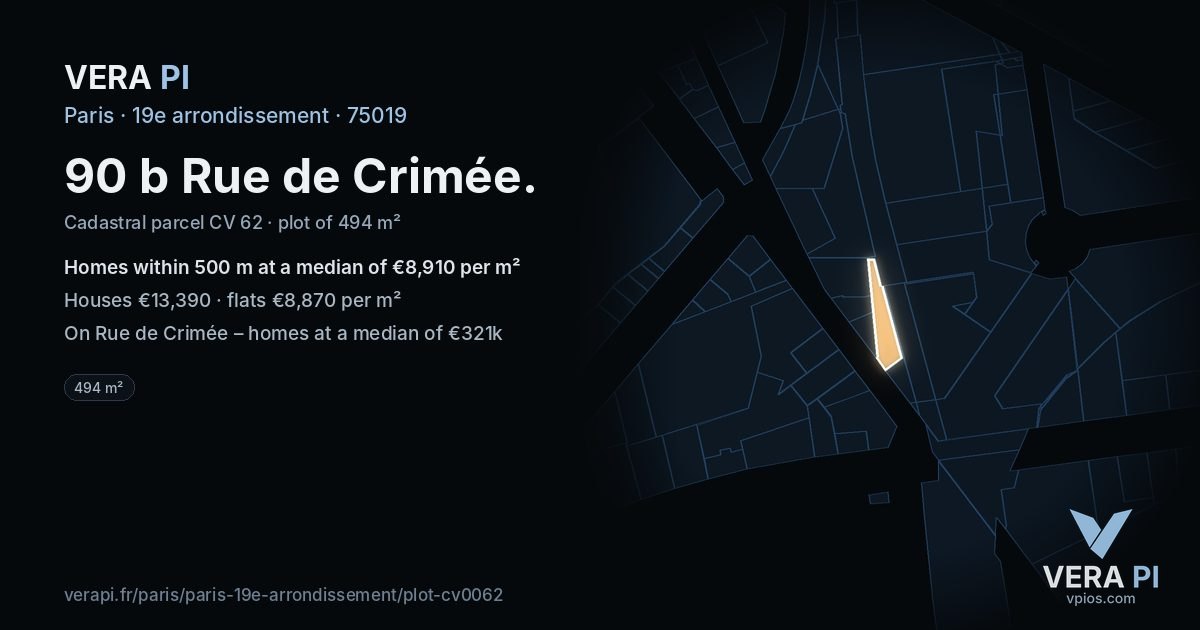 90 b Rue de Crimée, 19e arrondissement at night – the plot lit, the parcels around coloured by the prices near them