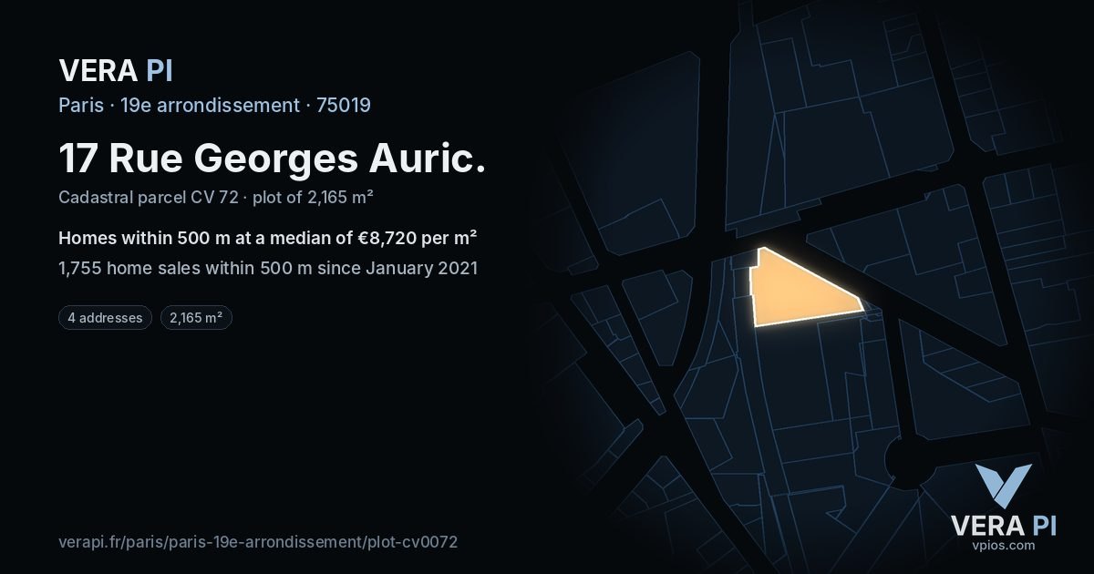 17 Rue Georges Auric, 19e arrondissement at night – the plot lit, the parcels around coloured by the prices near them