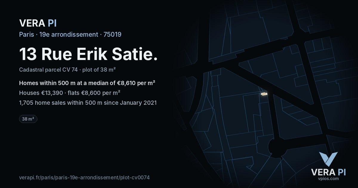13 Rue Erik Satie, 19e arrondissement at night – the plot lit, the parcels around coloured by the prices near them