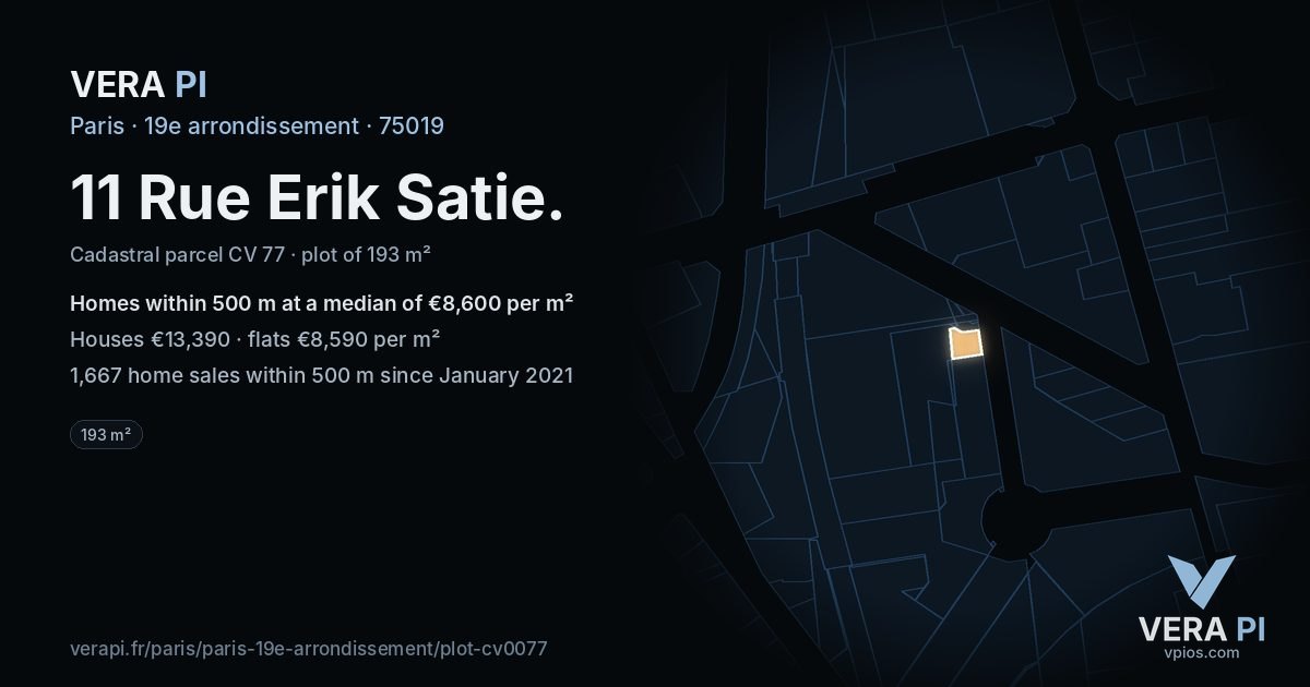 11 Rue Erik Satie, 19e arrondissement at night – the plot lit, the parcels around coloured by the prices near them