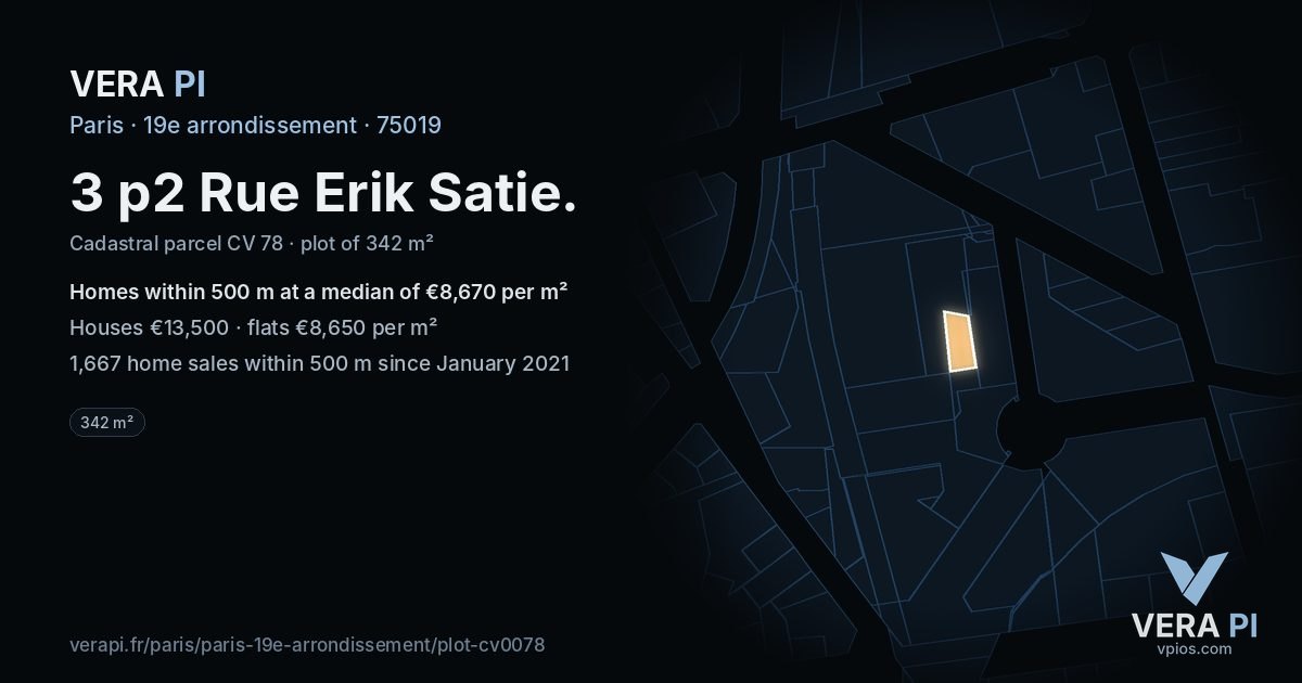3 p2 Rue Erik Satie, 19e arrondissement at night – the plot lit, the parcels around coloured by the prices near them