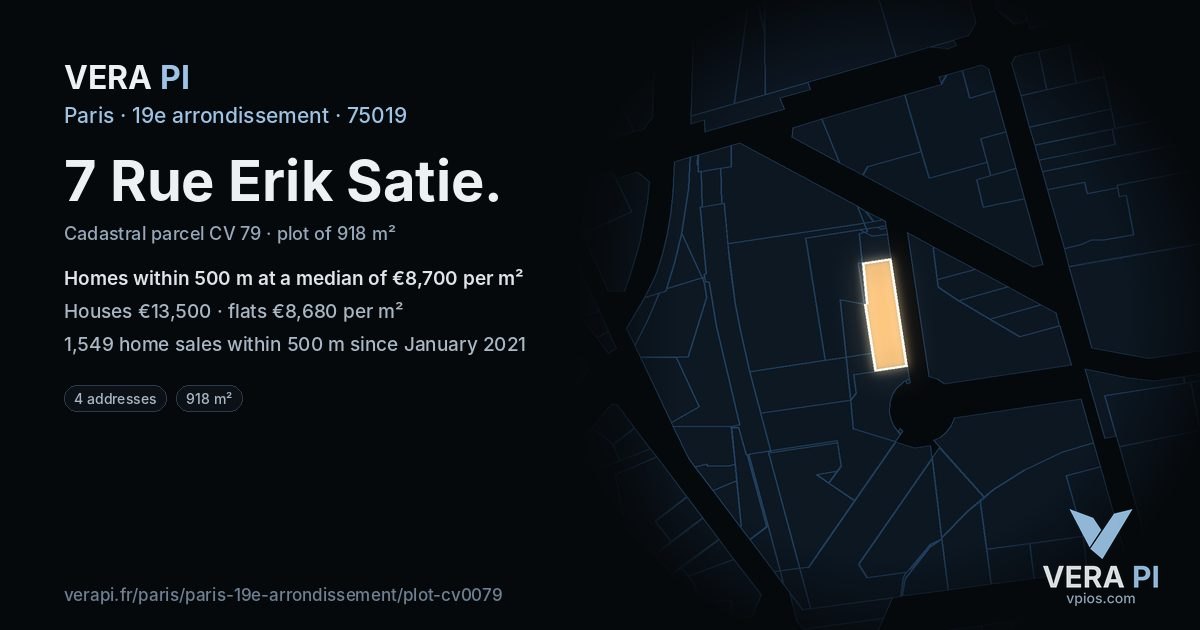 7 Rue Erik Satie, 19e arrondissement at night – the plot lit, the parcels around coloured by the prices near them