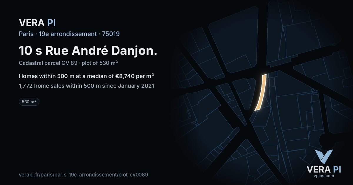 10 s Rue André Danjon, 19e arrondissement at night – the plot lit, the parcels around coloured by the prices near them