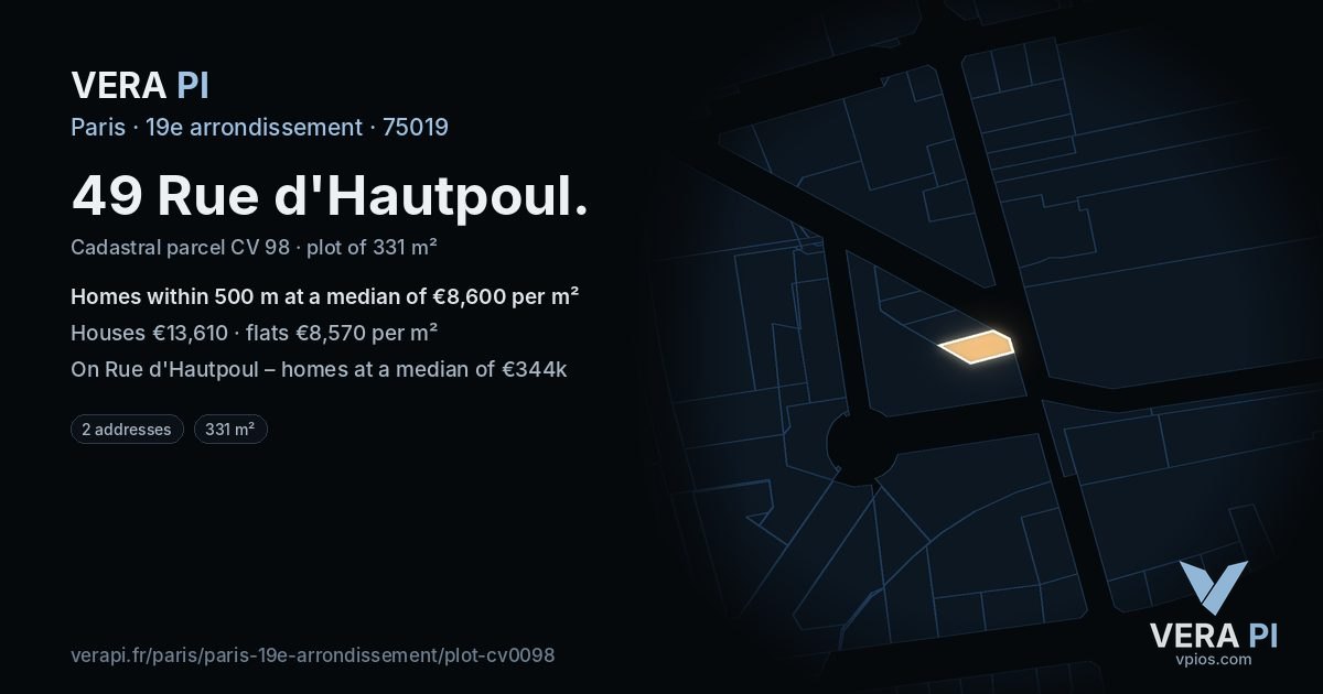 49 Rue d'Hautpoul, 19e arrondissement at night – the plot lit, the parcels around coloured by the prices near them