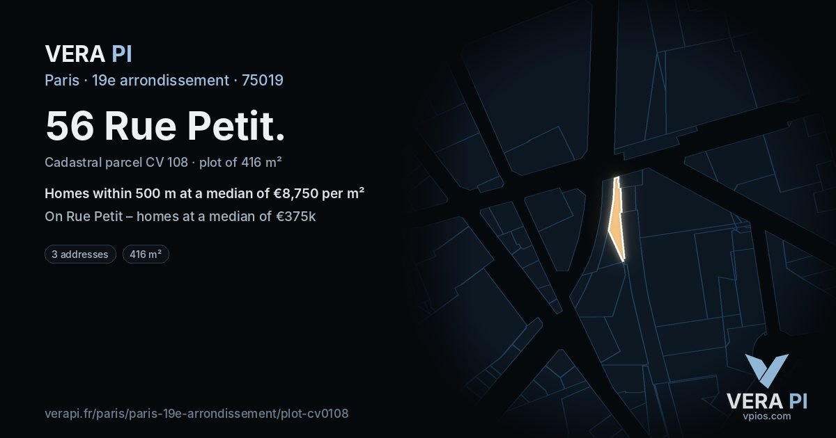 56 Rue Petit, 19e arrondissement at night – the plot lit, the parcels around coloured by the prices near them