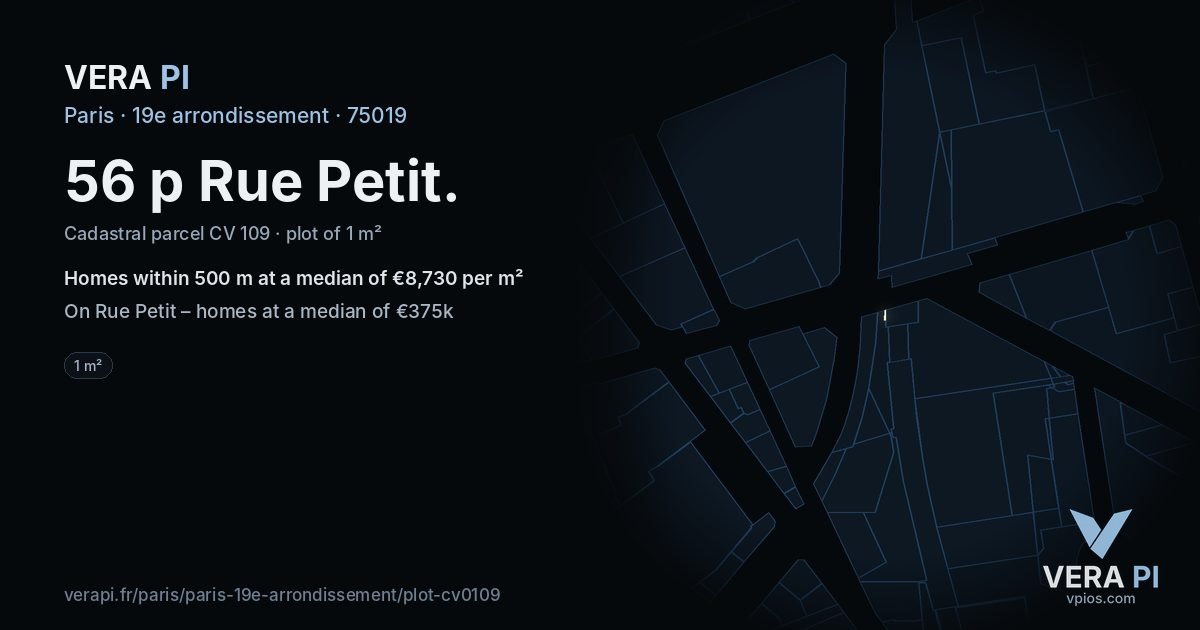 56 p Rue Petit, 19e arrondissement at night – the plot lit, the parcels around coloured by the prices near them