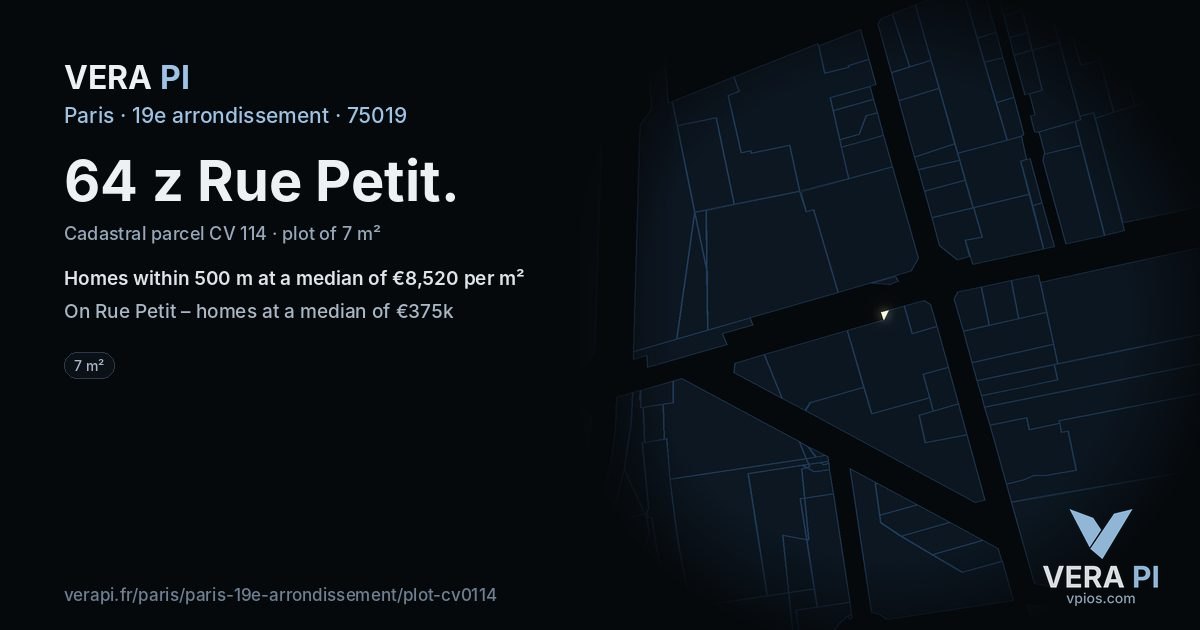 64 z Rue Petit, 19e arrondissement at night – the plot lit, the parcels around coloured by the prices near them
