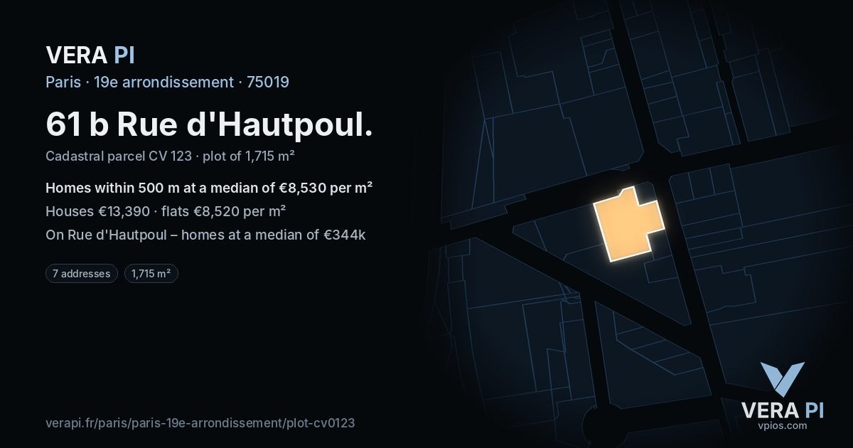61 b Rue d'Hautpoul, 19e arrondissement at night – the plot lit, the parcels around coloured by the prices near them