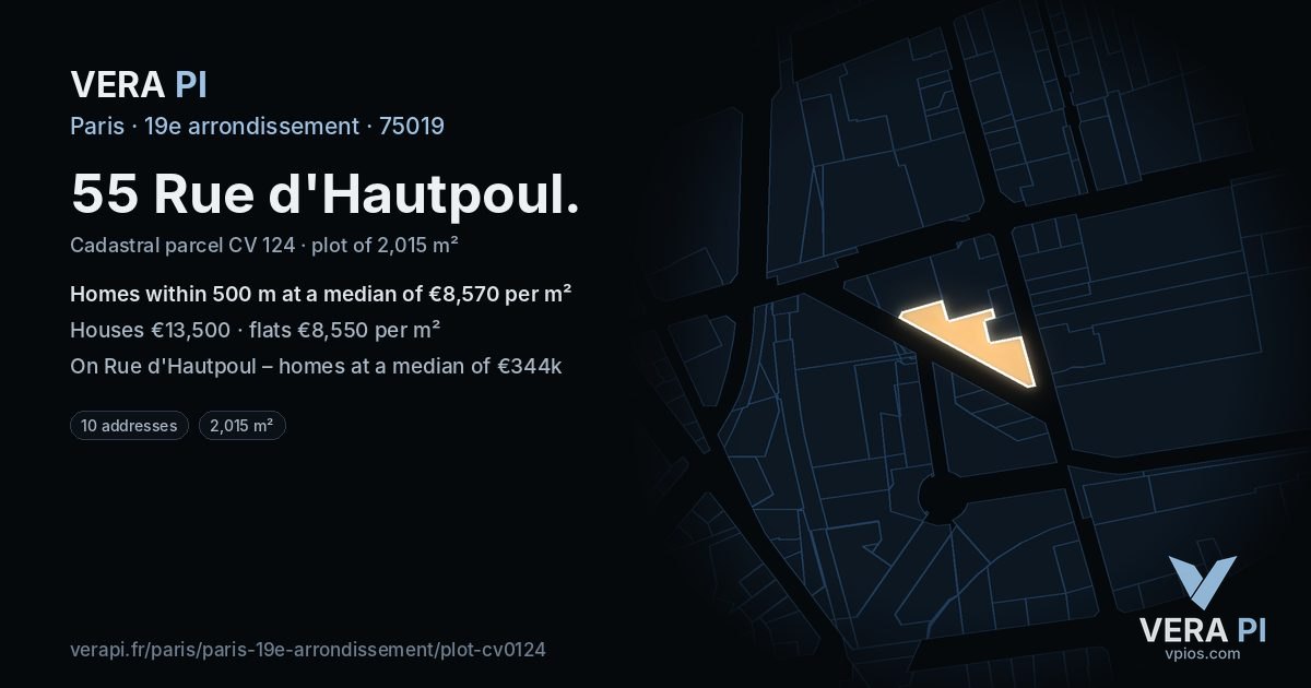 55 Rue d'Hautpoul, 19e arrondissement at night – the plot lit, the parcels around coloured by the prices near them