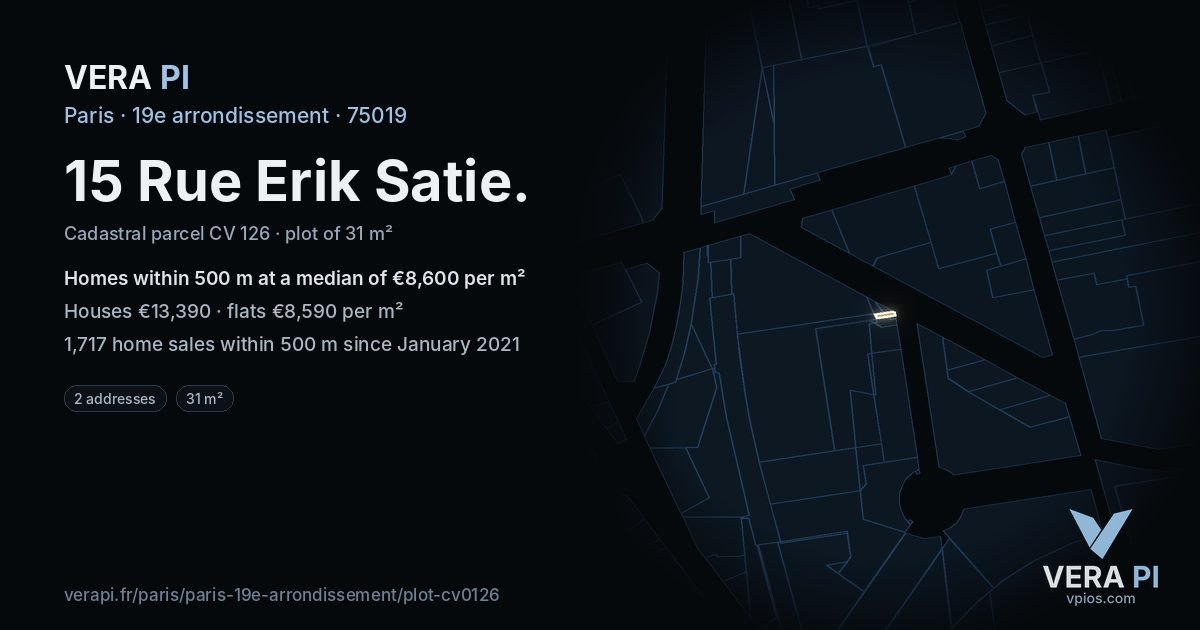 15 Rue Erik Satie, 19e arrondissement at night – the plot lit, the parcels around coloured by the prices near them