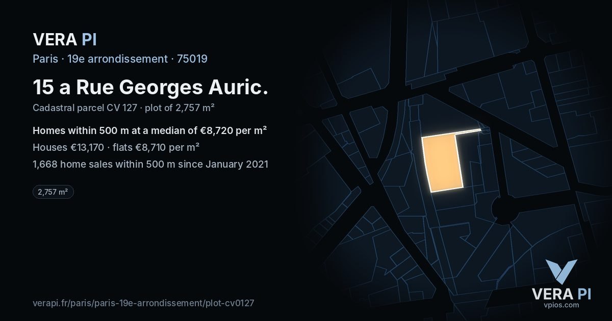 15 a Rue Georges Auric, 19e arrondissement at night – the plot lit, the parcels around coloured by the prices near them