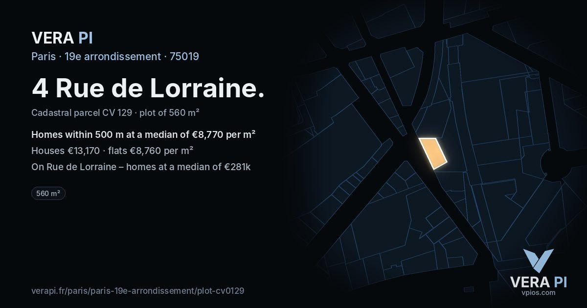 4 Rue de Lorraine, 19e arrondissement at night – the plot lit, the parcels around coloured by the prices near them