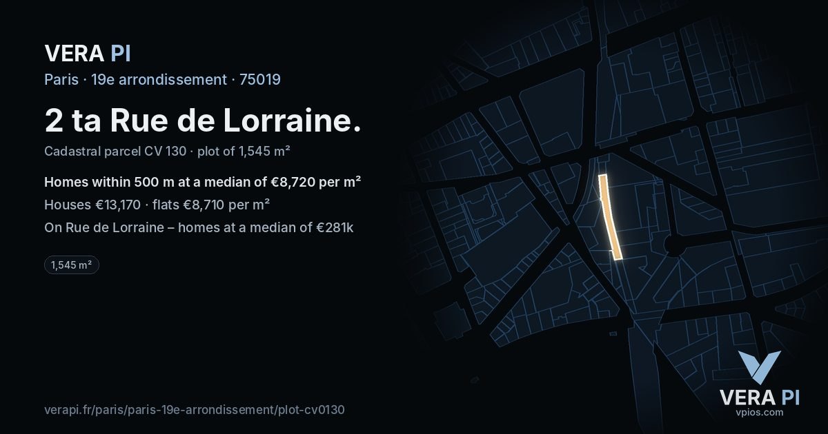 2 ta Rue de Lorraine, 19e arrondissement at night – the plot lit, the parcels around coloured by the prices near them