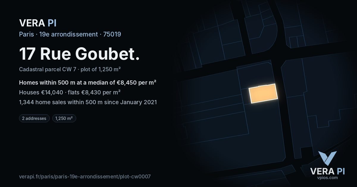 17 Rue Goubet, 19e arrondissement at night – the plot lit, the parcels around coloured by the prices near them
