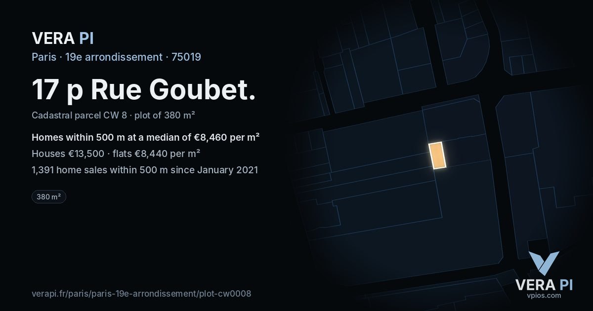 17 p Rue Goubet, 19e arrondissement at night – the plot lit, the parcels around coloured by the prices near them