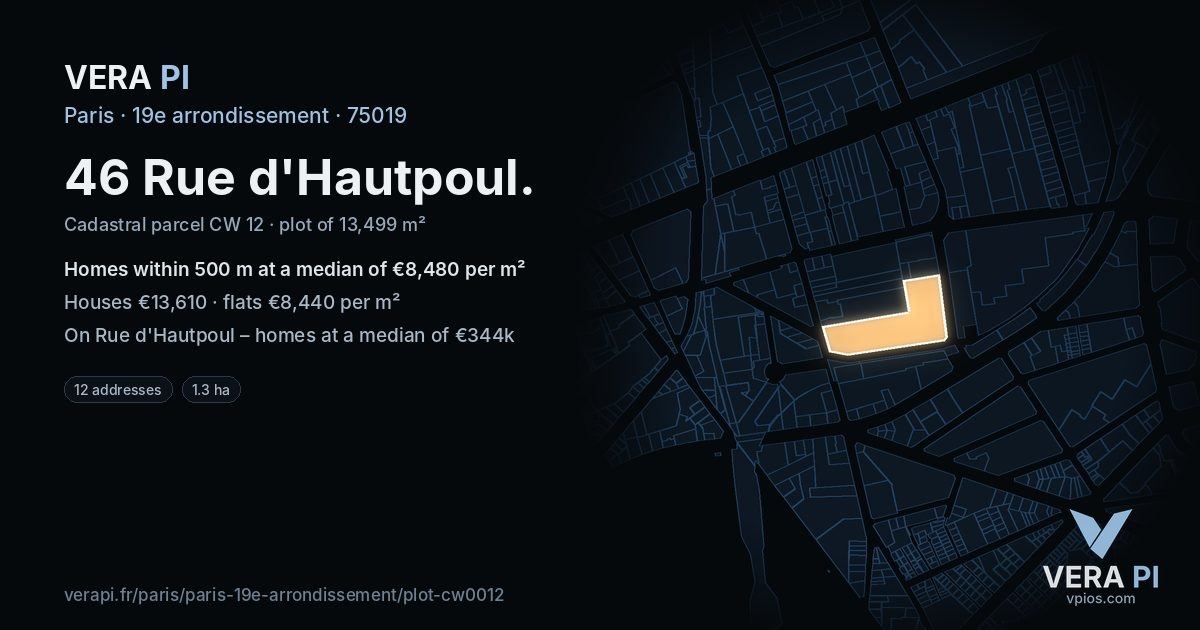 46 Rue d'Hautpoul, 19e arrondissement at night – the plot lit, the parcels around coloured by the prices near them
