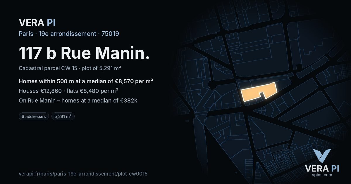 117 b Rue Manin, 19e arrondissement at night – the plot lit, the parcels around coloured by the prices near them