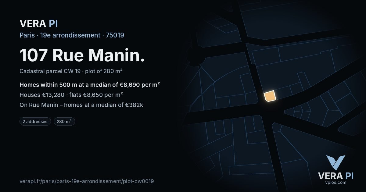 107 Rue Manin, 19e arrondissement at night – the plot lit, the parcels around coloured by the prices near them