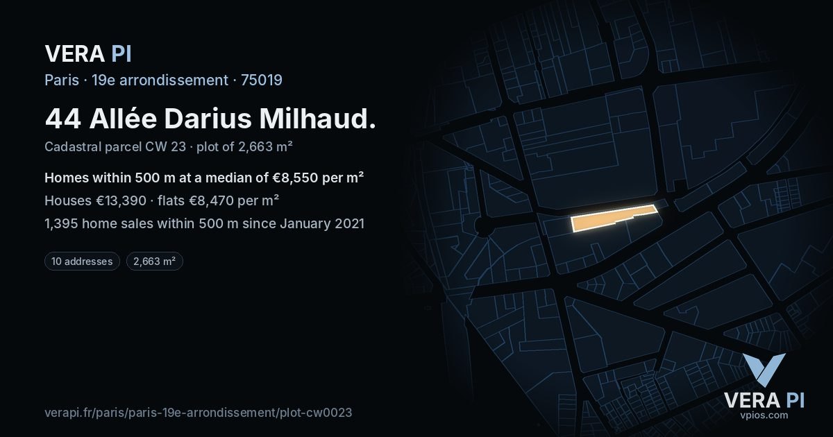 44 Allée Darius Milhaud, 19e arrondissement at night – the plot lit, the parcels around coloured by the prices near them