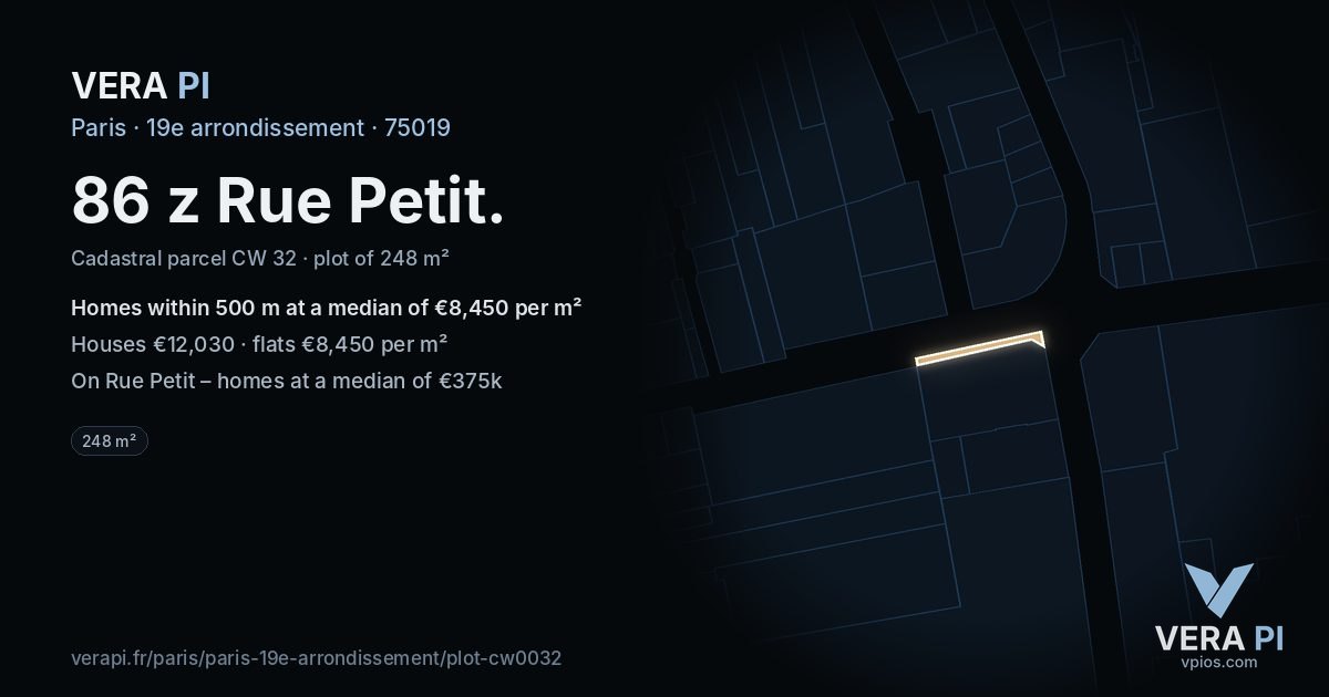 86 z Rue Petit, 19e arrondissement at night – the plot lit, the parcels around coloured by the prices near them