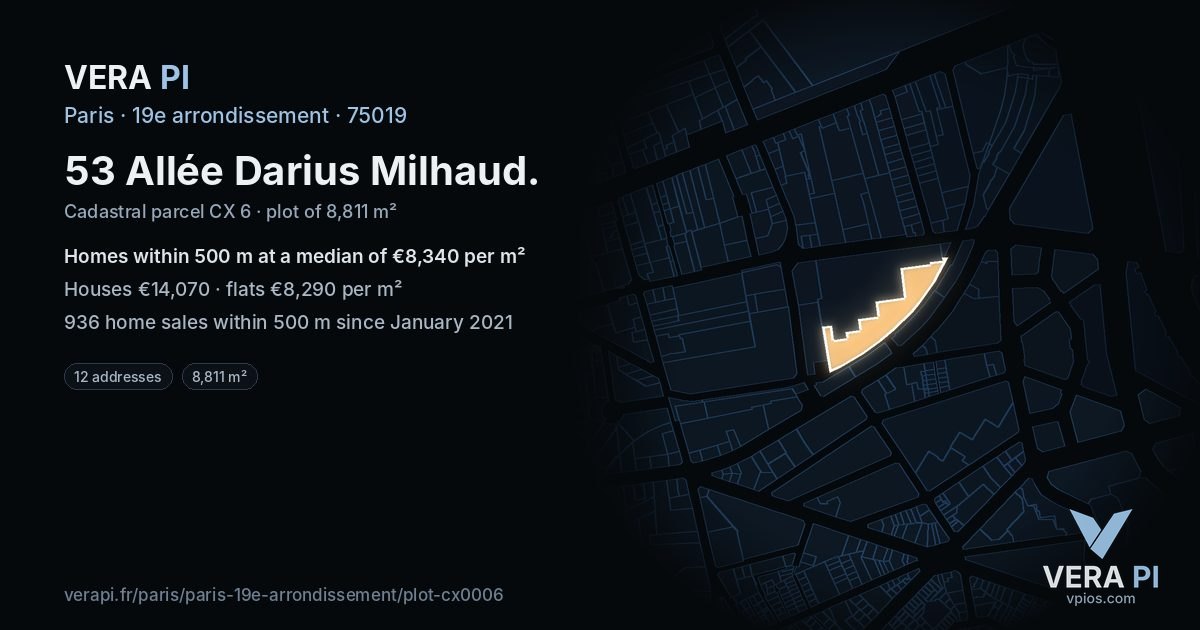 53 Allée Darius Milhaud, 19e arrondissement at night – the plot lit, the parcels around coloured by the prices near them