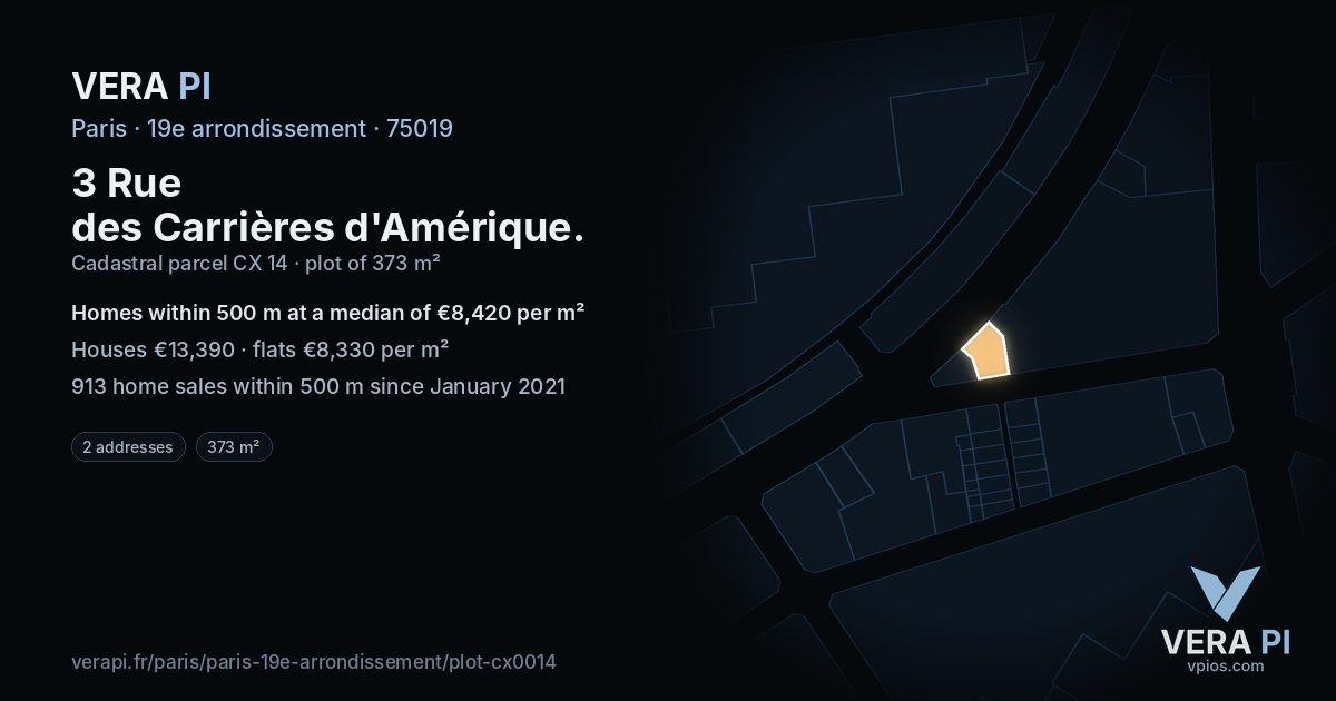 3 Rue des Carrières d'Amérique, 19e arrondissement at night – the plot lit, the parcels around coloured by the prices near them